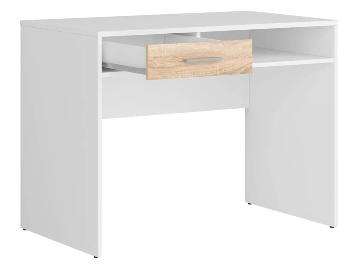 Biurko Nepo Plus 100 cm z szufladą i półką biały/dąb sonoma