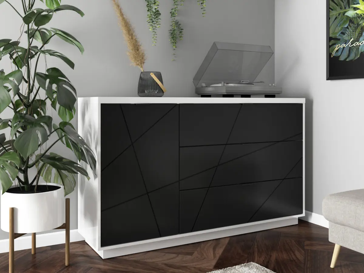 Cómoda Forn 156 cm con puertas y 3 cajones blanco brillo/negro mate