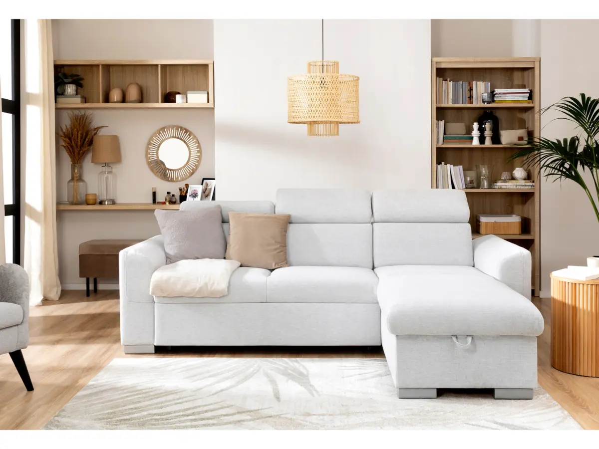 Sofá rinconera universal Evia con función de cama, arcón y reposacabezas ajustables gris claro