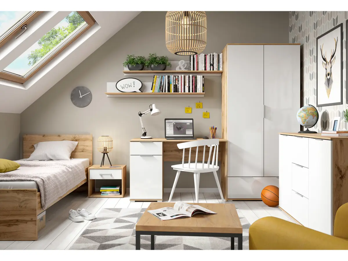 Estante de pared Zele 135 cm roble wotan/blanco brillo