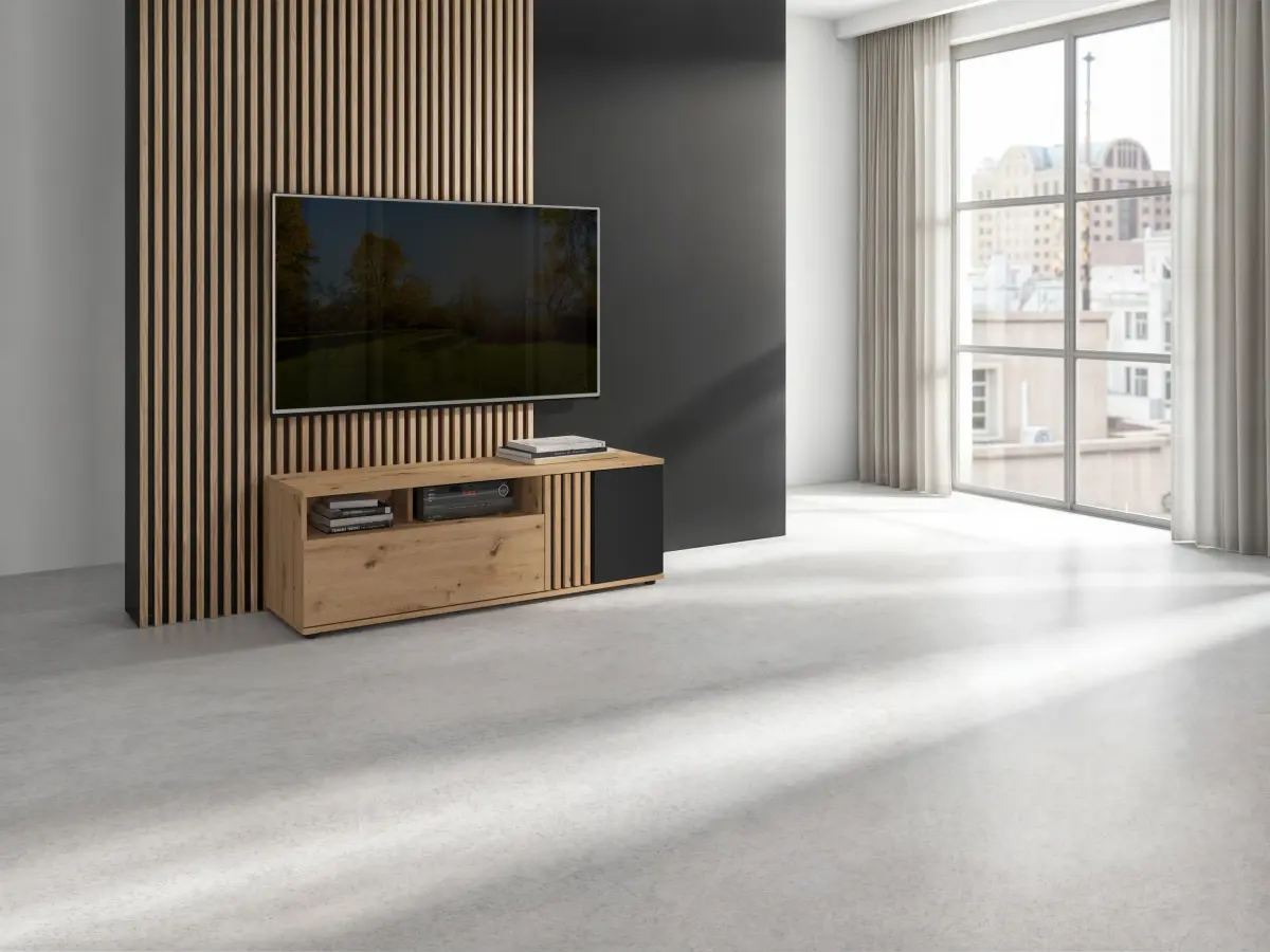 Mueble TV Vabres 135 cm con puertas y cajón roble artisan listones