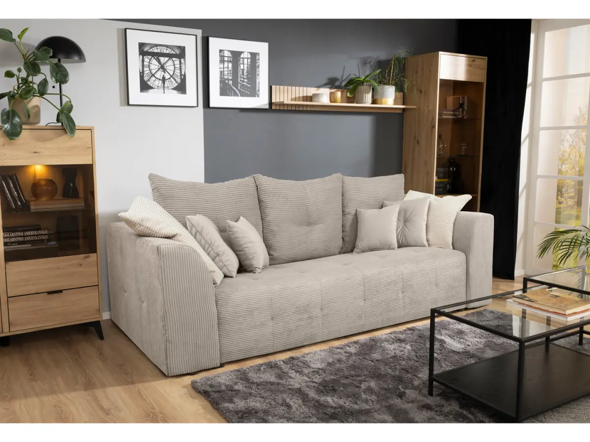 Sofá de tres plazas Royal IV convertible con arcón, pana, beige