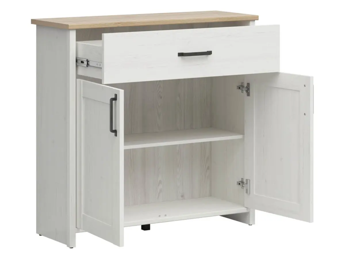 Cómoda Loksa 102 cm con 2 puertas y un cajón pino andersen blanco/roble grandson