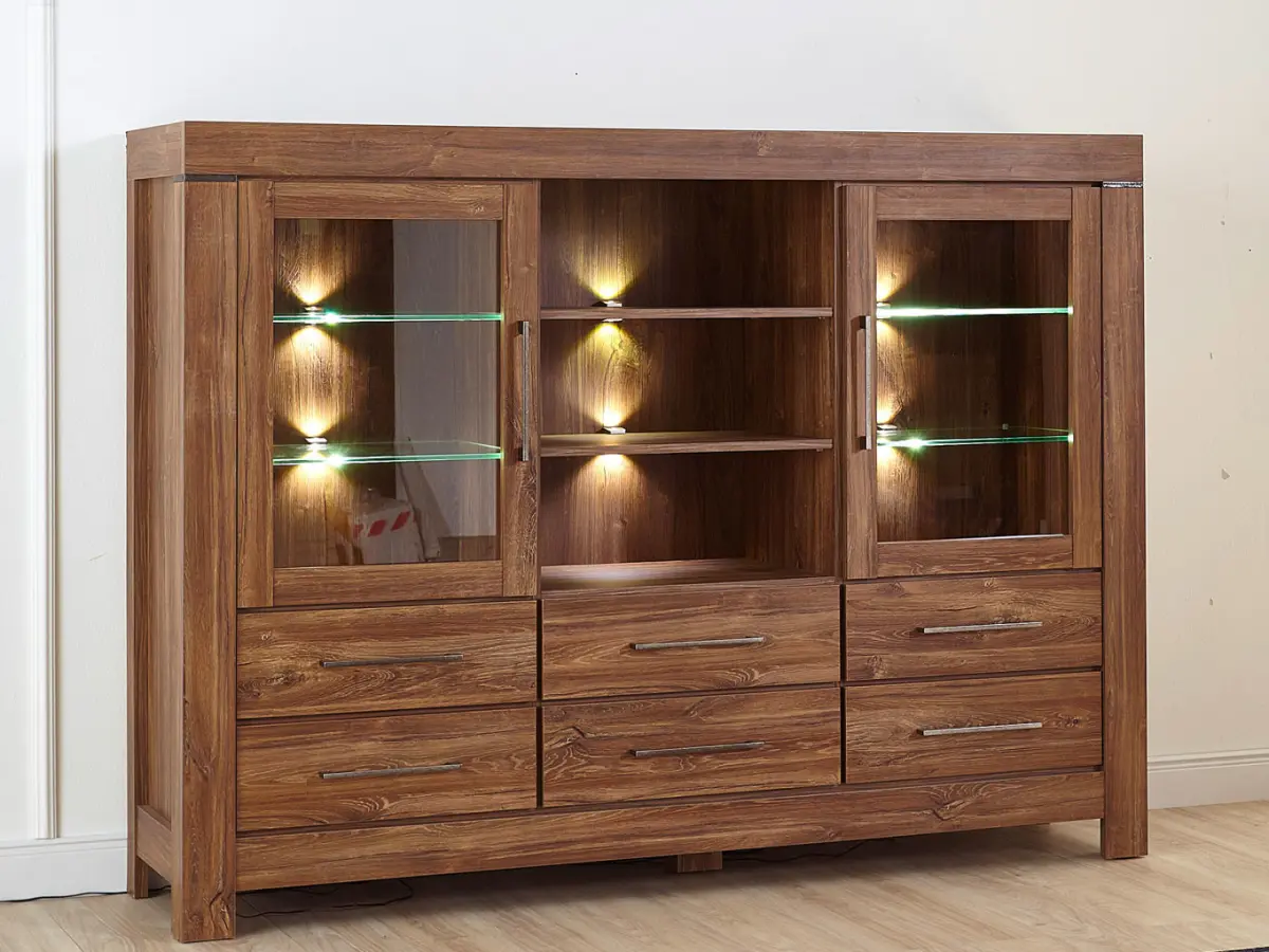 Cómoda Gent 166 cm vitrina con 2 puertas 6 cajones y 3 estantes roble stirling