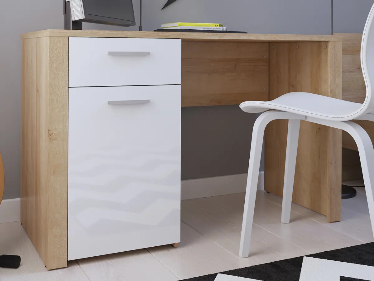 Escritorio Balder 120 cm con puertas y cajón roble riviera/blanco