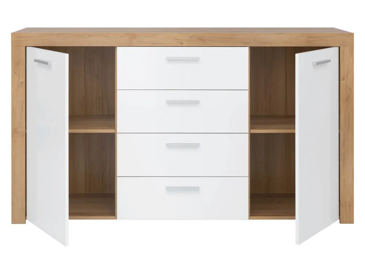 Cómoda Balder 155 cm con 2 puertas y 4 cajones roble riviera/blanco brillo