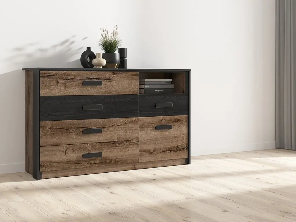 Cómoda Kassel 150 cm con puertas y 5 cajones roble monastery/roble negro