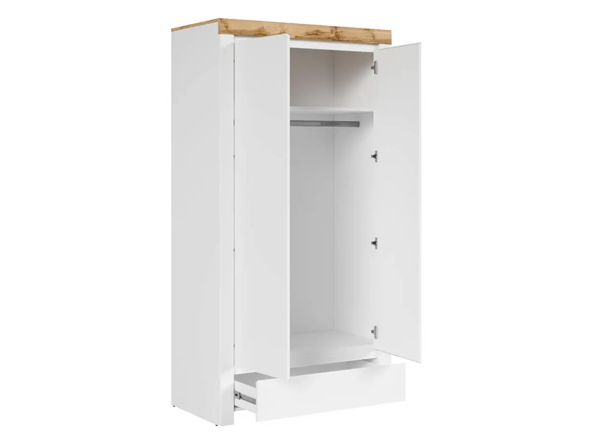 Armario de dos puertas Holten 106 cm con cajón blanco brillo/roble wotan