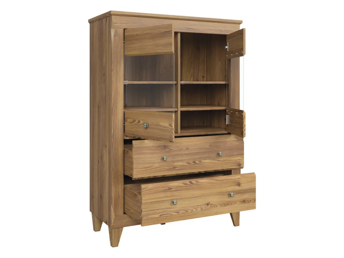 Vitrina Bergen 102 cm con 2 puertas y 2 cajones alerce sibiu dorado