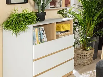 Комод Nandu 90 см с 3 ящиками и 2 полками светло-серый/дуб польский/белый глянец