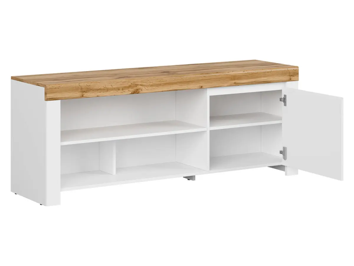 Mueble de TV con armario y estantes Holten blanco, roble wotan
