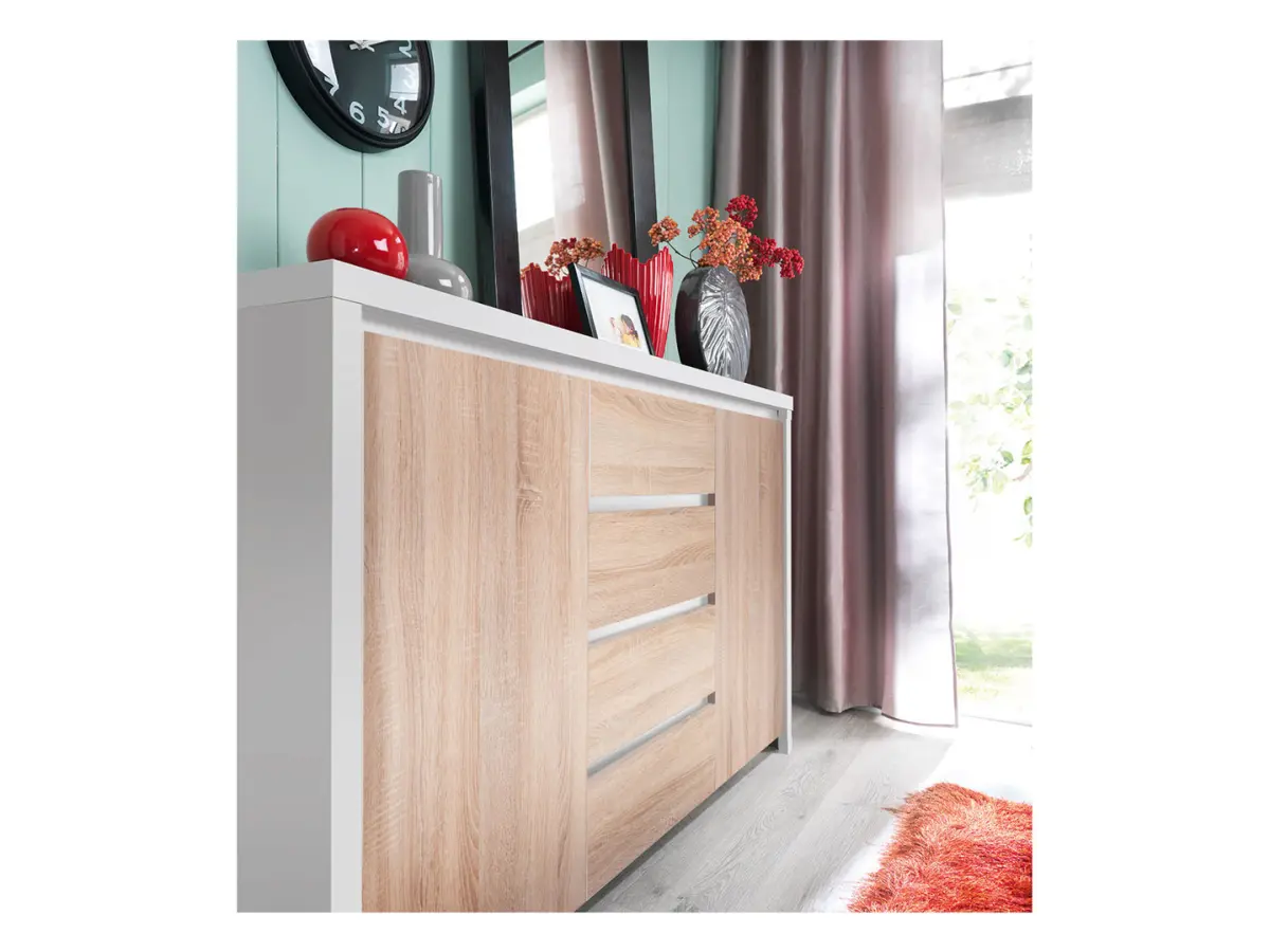 Cómoda Kaspian 144 cm con 2 puertas y 4 cajones blanca/roble sonoma