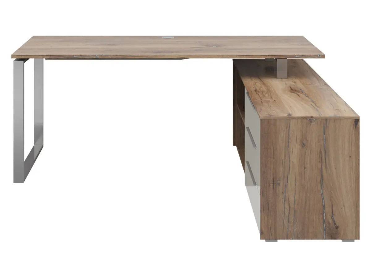 Escritorio de esquina Nevada 158x184 cm con 3 cajones y un estante roble flagstaff oscuro