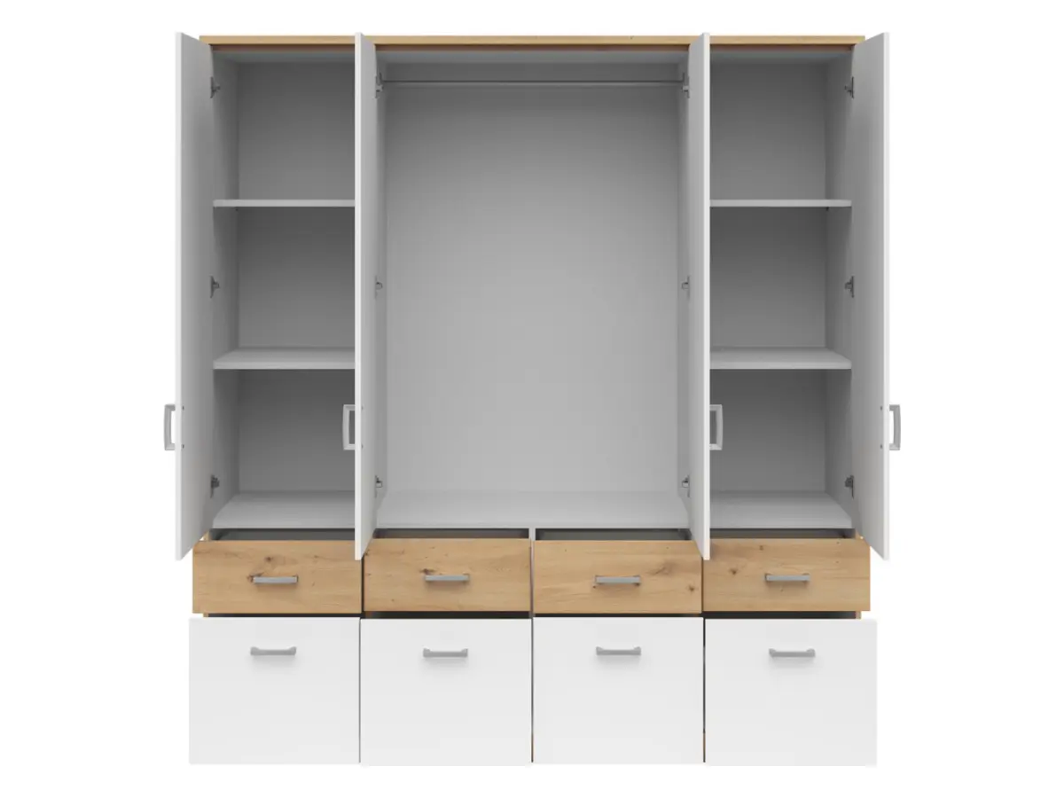 Armario de cuatro puertas Brando-4 181 cm con espejo y cajones roble artisan/blanco