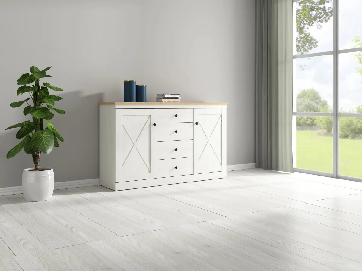 Cómoda Frija 153 cm con 2 puertas y 4 cajones pino andersen blanco