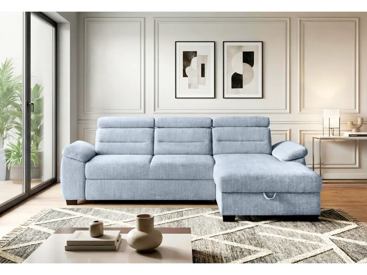 Sofá rinconera derecha Aguda convertible con arcón azul