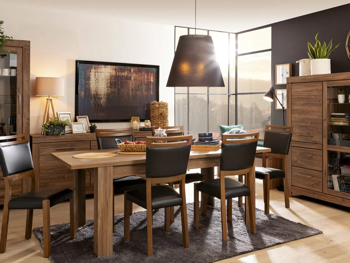 Cómoda Gent 166 cm vitrina con 2 puertas 6 cajones y 3 estantes roble stirling