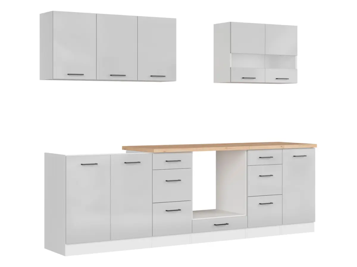 Кухонний гарнітур Junona Line 260 см світло-сірий глянець зі стільницею