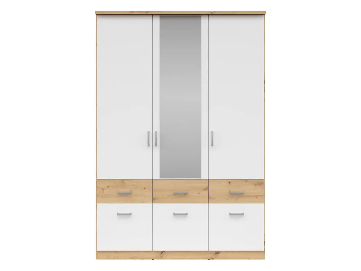 Armario de tres puertas Brando-3 136 cm con espejo y cajones roble artisan/blanco