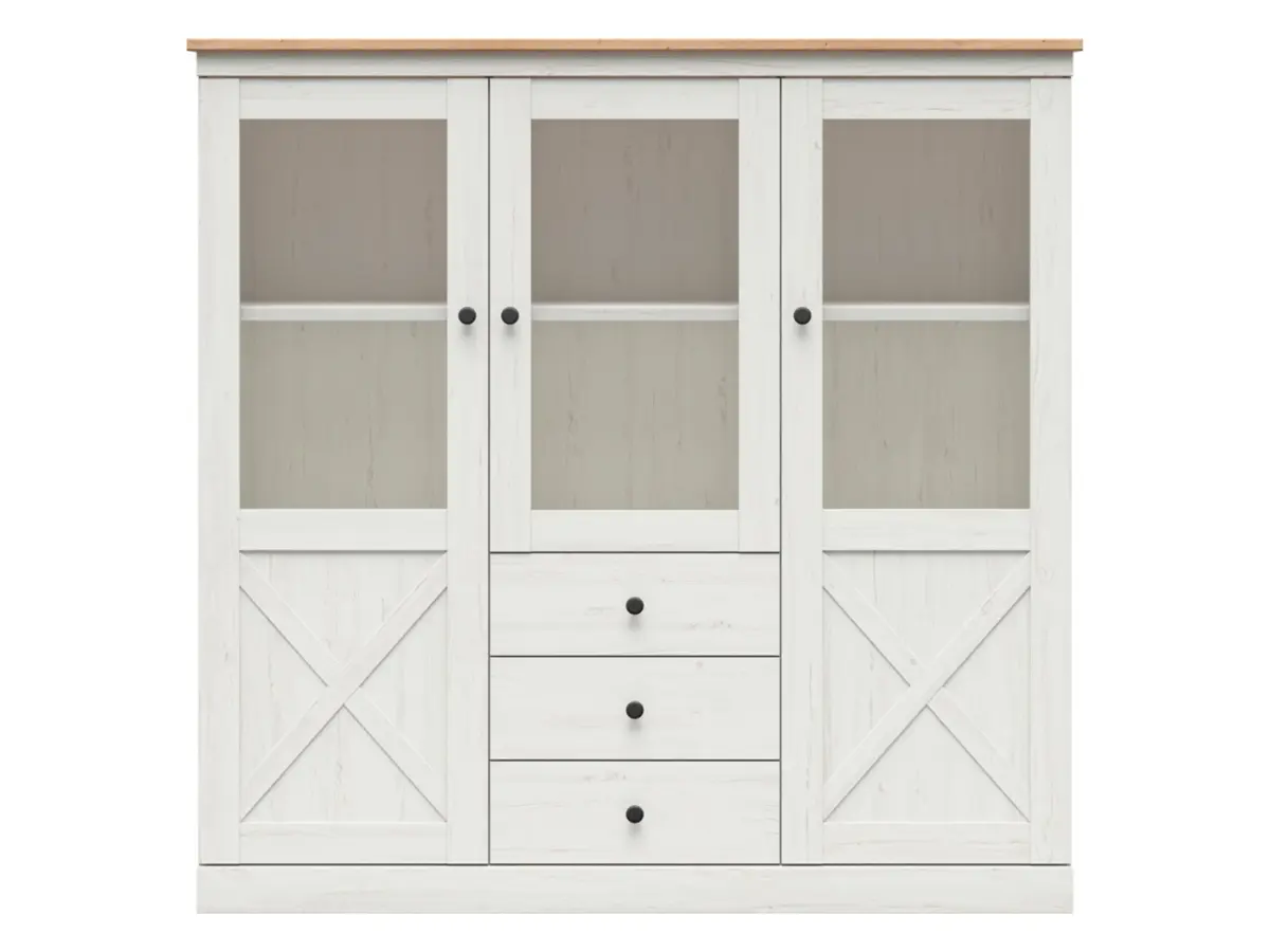 Witryna Frija 153 cm z 3 drzwiami i 3 szufladami sosna andersen biała