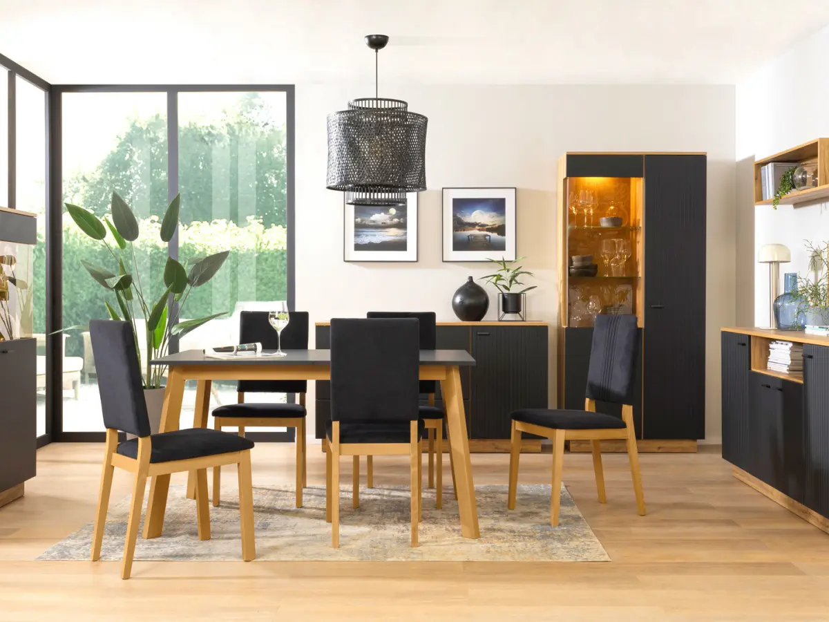 Cómoda Zenda 150 cm con puertas y 3 cajones roble waterford/negro