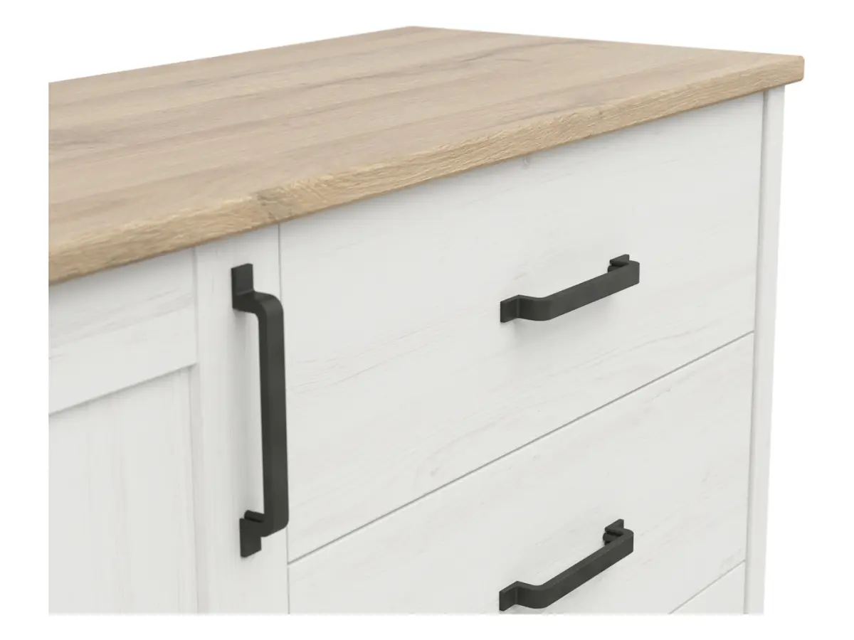 Cómoda Loksa 120 cm con puertas y 4 cajones pino blanco andersen/roble grandson