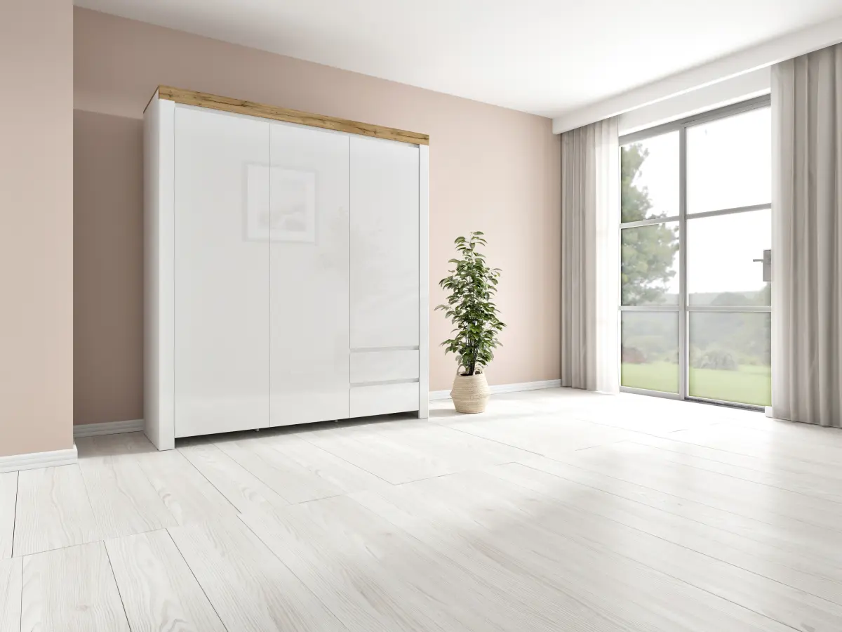 Armario de tres puertas Holten 180 cm con cajones blanco brillo/roble wotan