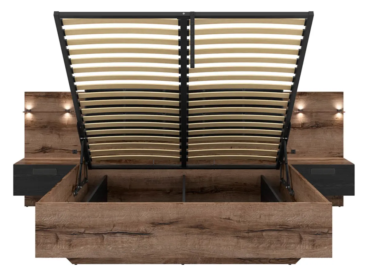 Cama Kassel 180x200 con somier, contenedor y 2 mesitas de noche roble monastery