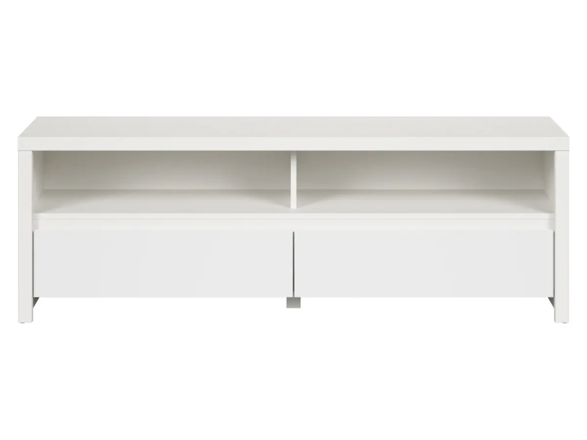 Mueble RTV Kaspian 143 cz con 2 cajones y un estante blanco