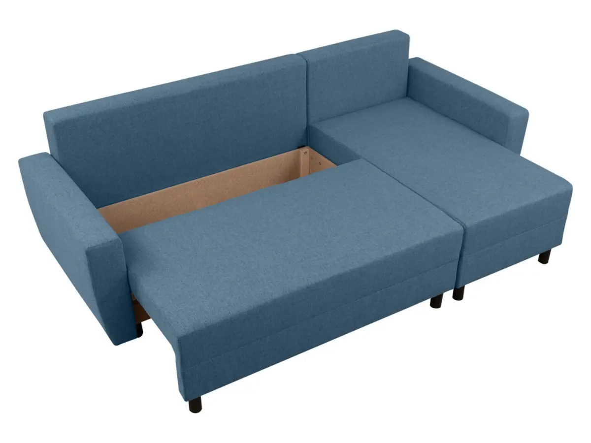 Sofá rinconera universal Malin convertible con arcón tejido trenzado azul