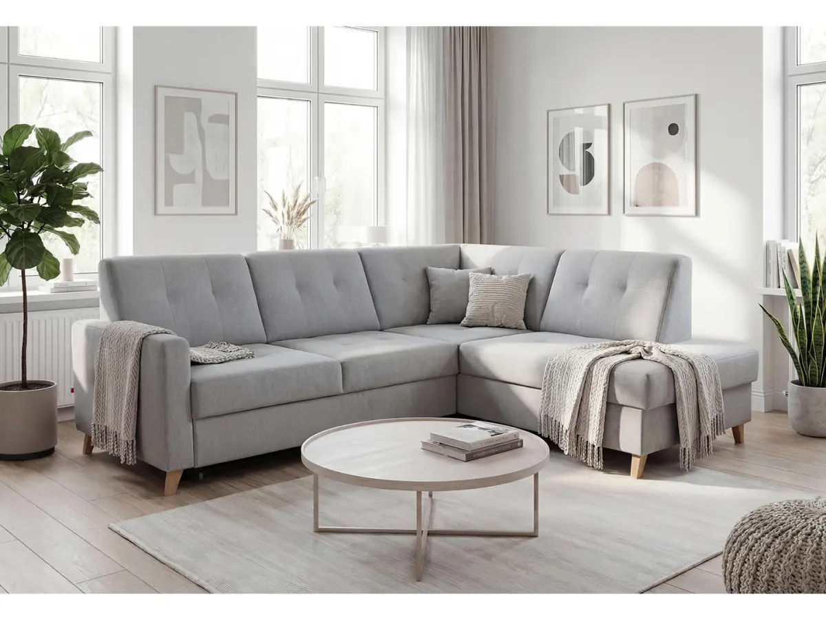 Sofá rinconera derecho Lars con función cama y arcón gris