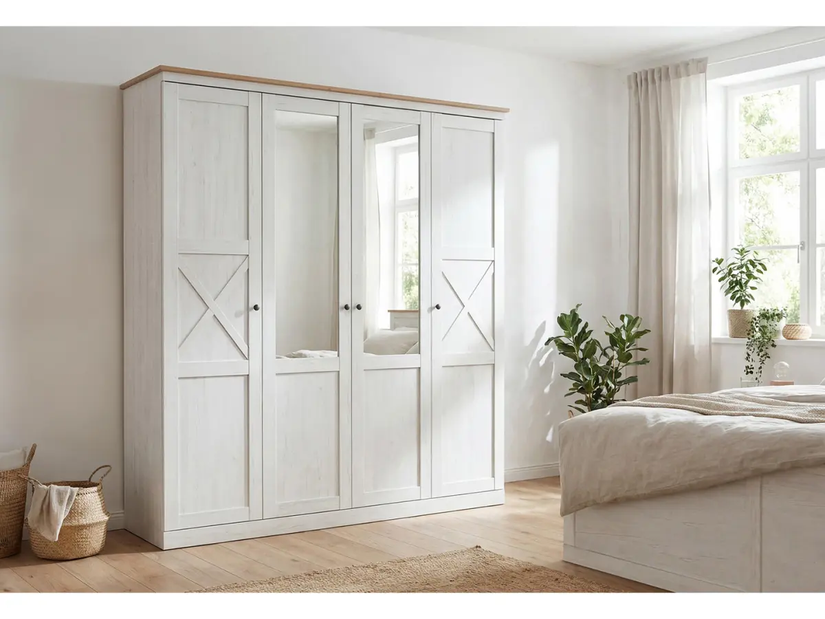 Armario de cuatro puertas Frija 203 cm con espejo pino andersen blanco