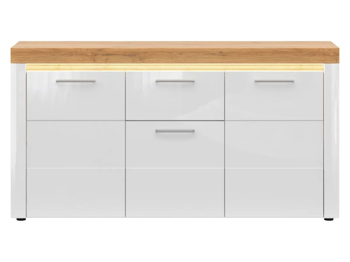 Cómoda Horton 170 cm con 3 puertas y un cajón roble dorado grandson/blanco brillo