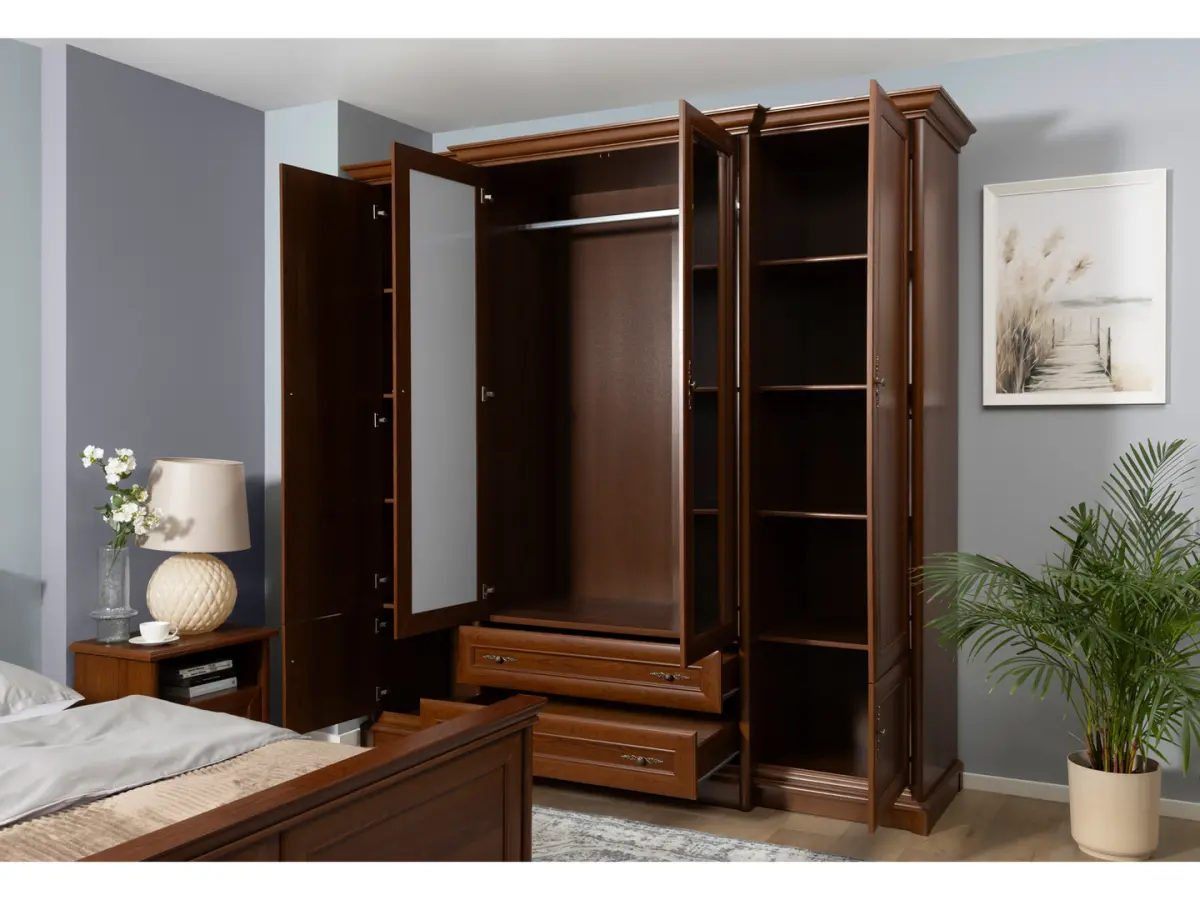 Armario de seis puertas Kent 227 cm con espejo y cajones castaño