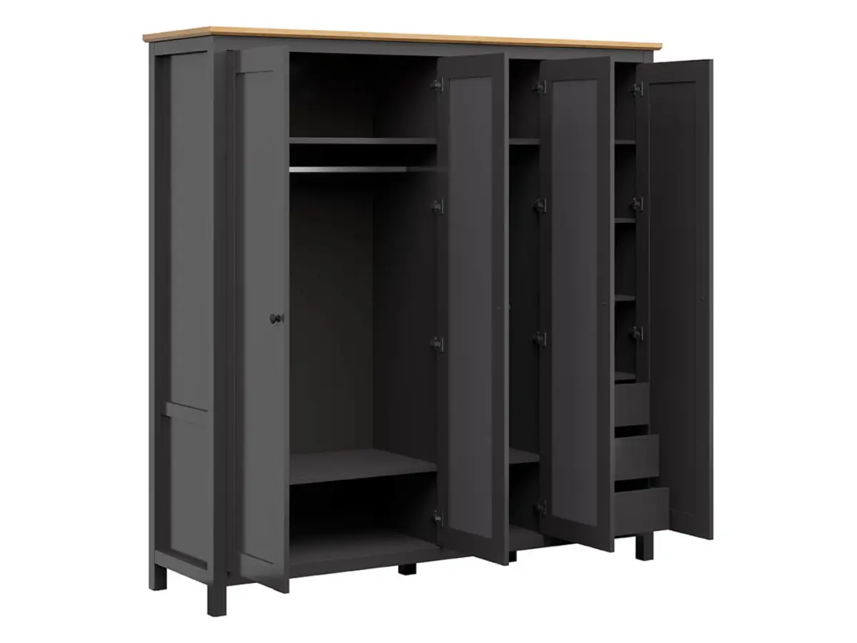 Armario de cuatro puertas Hesen 197 cm con espejo grafito/roble artisan