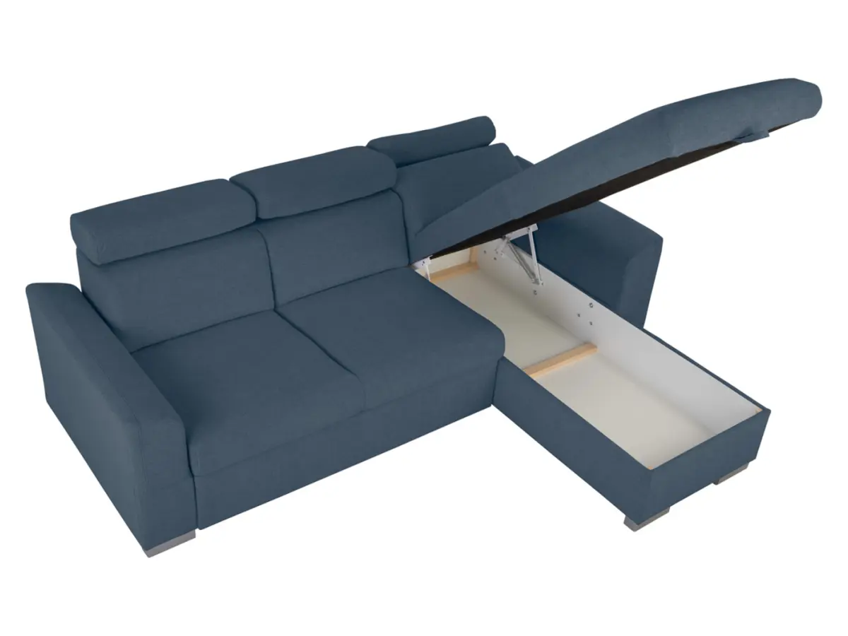 Sofá rinconera universal Evia con función de cama, arcón y reposacabezas ajustables azul