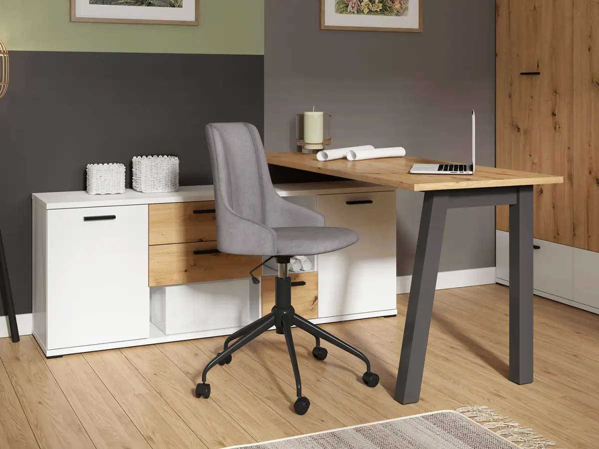 Biurko z komodą Homeland 156x150 cm dąb artisan/biały/grafit