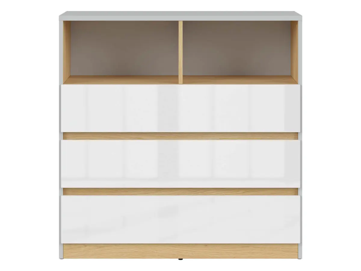 Комод Nandu 90 см с 3 ящиками и 2 полками светло-серый/дуб польский/белый глянец