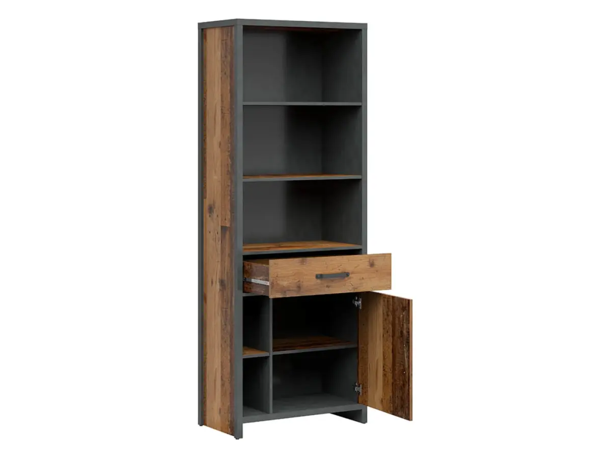 Estantería Weston 75 cm con puertas, cajón y 5 estantes pino old style