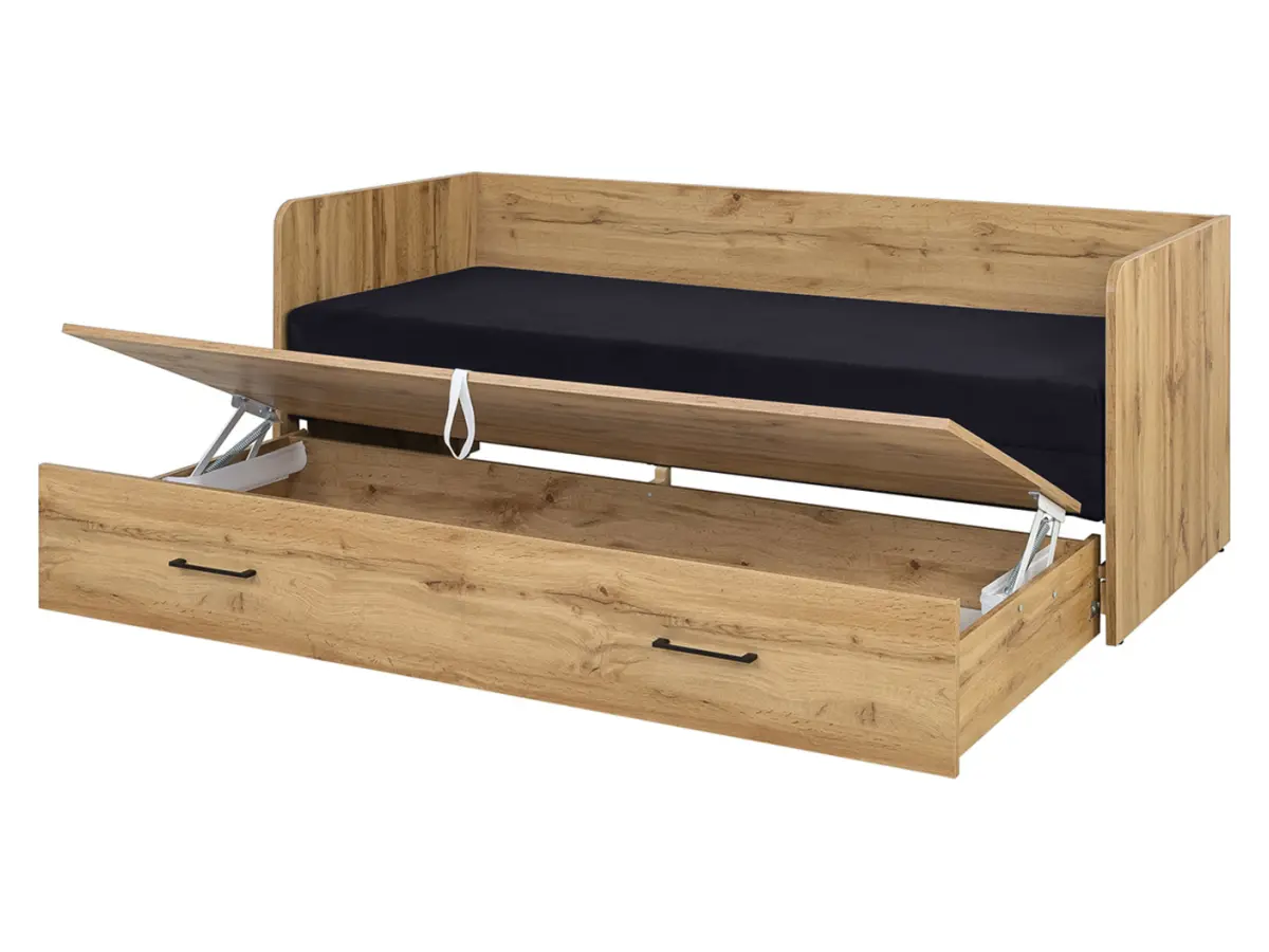 Cama extensible Tetrix roble wotan 80-160x200 con contenedor, colchón y cojines negra