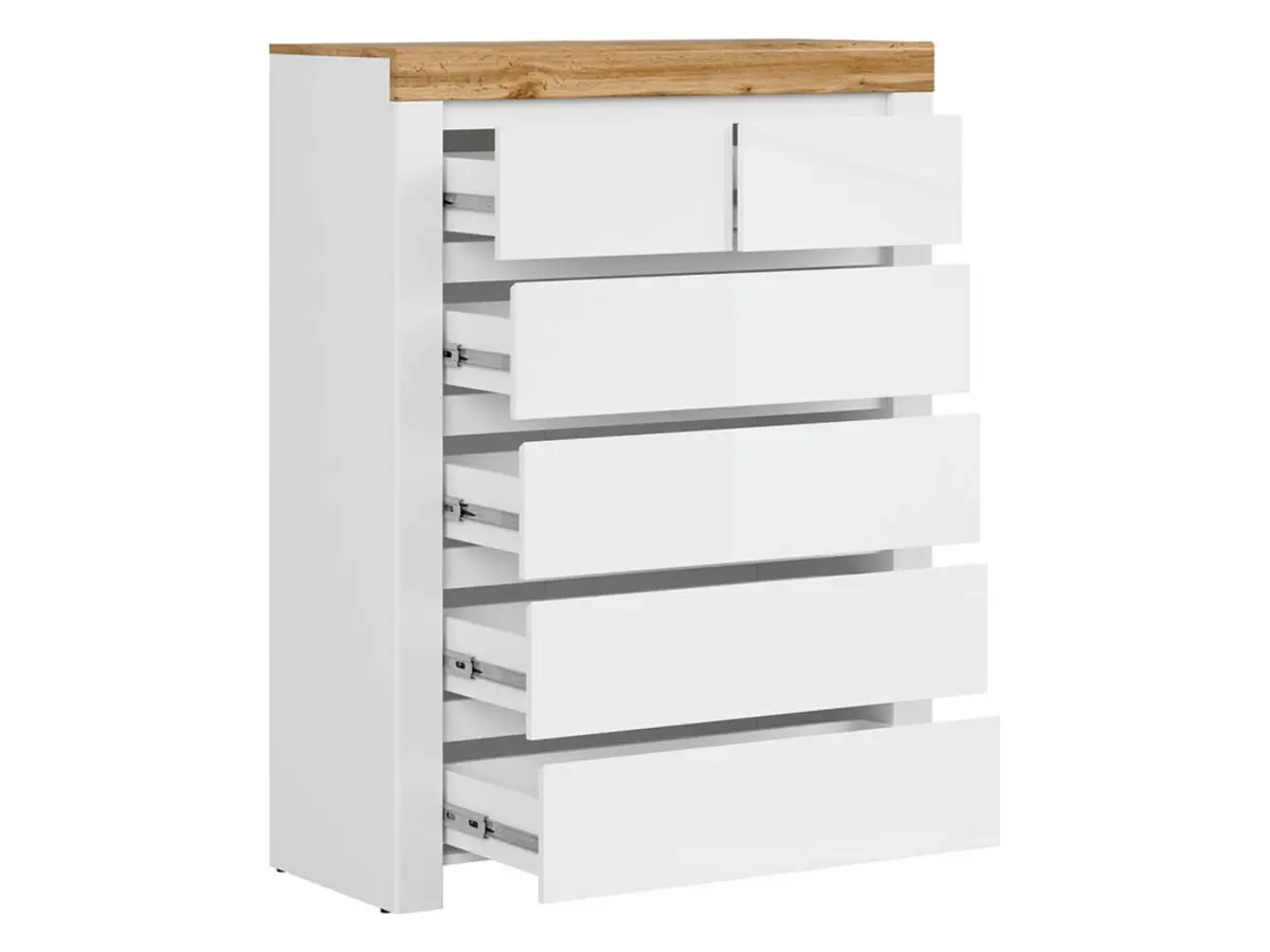 Cómoda Holten 99 cm con 6 cajones blanco/roble wotan/blanco brillo