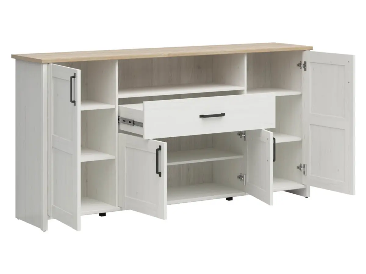 Cómoda Loksa 194 cm con 4 puertas, cajón y estante, pino andersen blanco/roble grandson