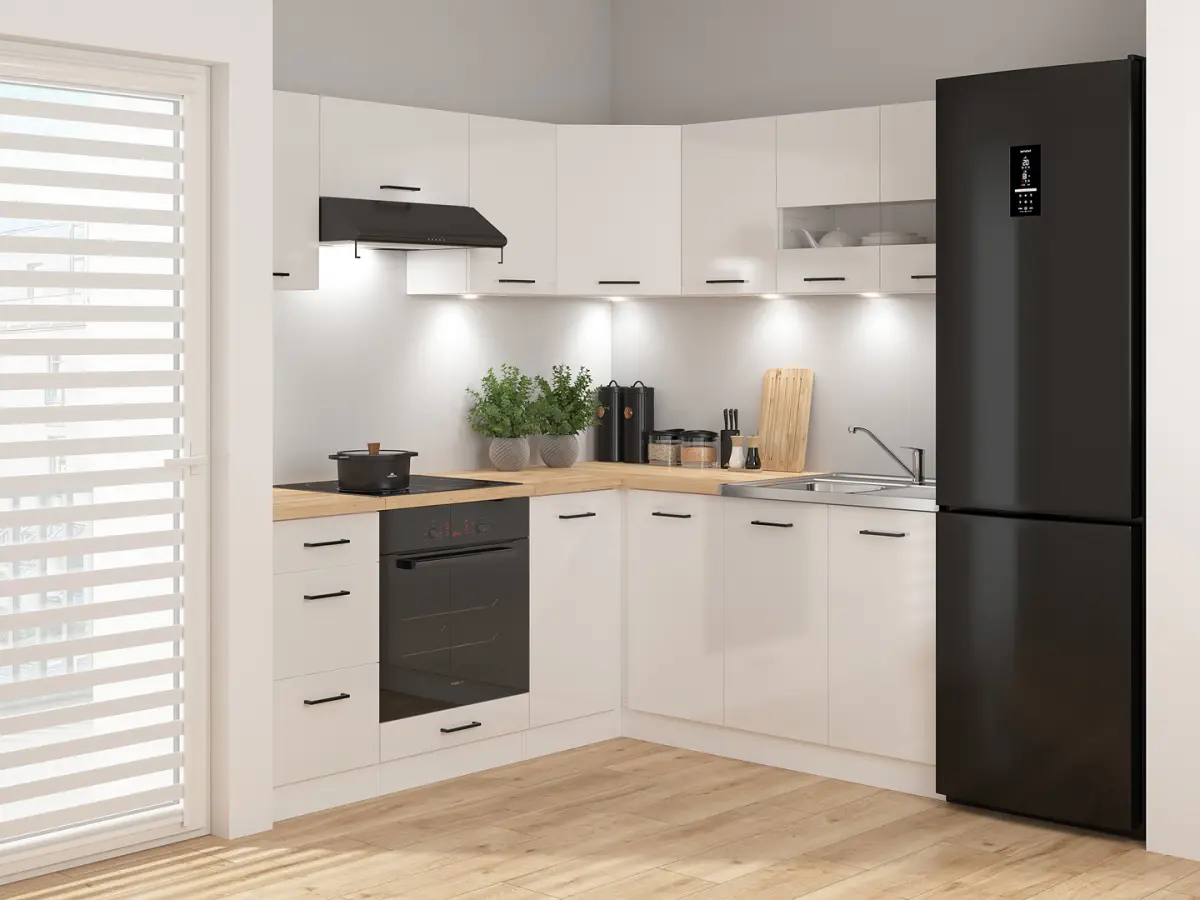 Conjunto de cocina esquinero Junona Line 180x200 tiza brillo con encimera