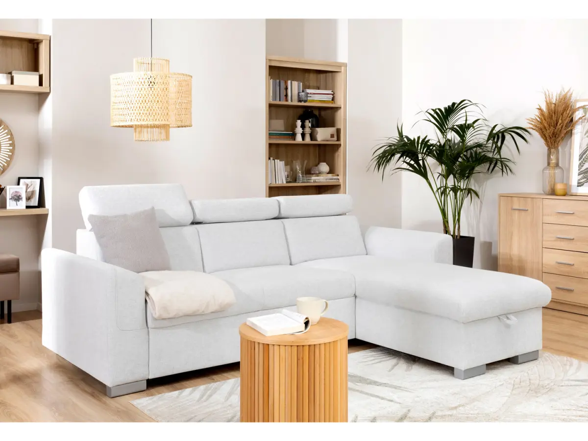 Sofá rinconera universal Evia con función de cama, arcón y reposacabezas ajustables gris claro