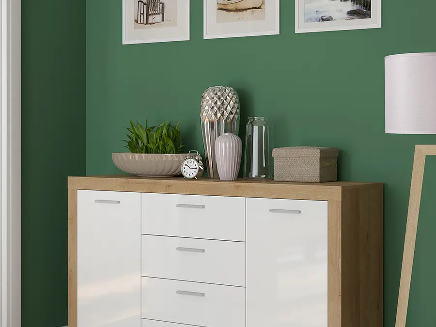 Cómoda Balder 155 cm con 2 puertas y 4 cajones roble riviera/blanco brillo