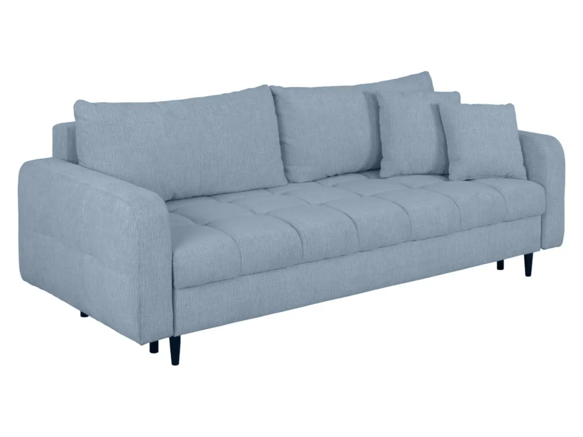 Sofá de tres plazas Sorella convertible con arcón, chenilla azul claro