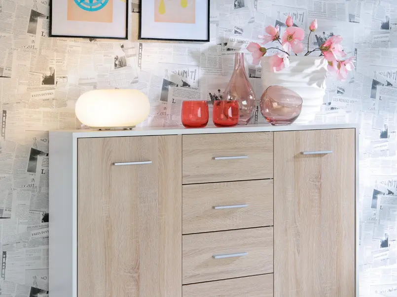 Cómoda Nepo Plus 119 cm con 2 puertas y 4 cajones blanco/roble sonoma