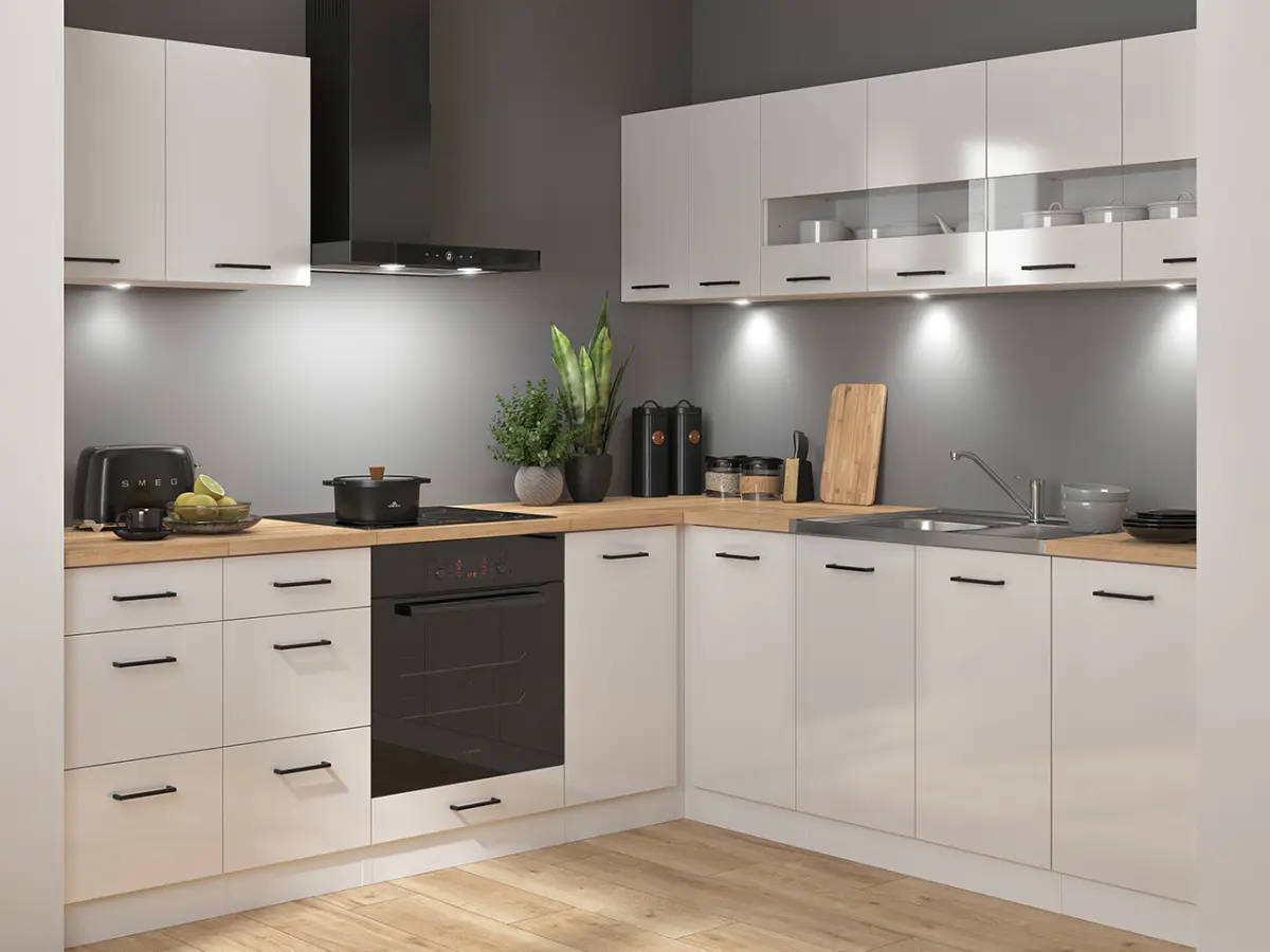 Conjunto de cocina rinconera Junona Line 220x220 brillo tiza sin encimera