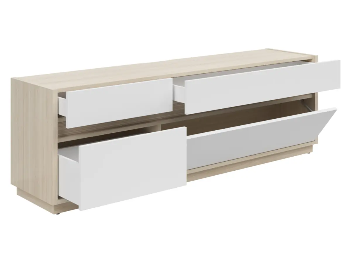 Mueble RTV Kim con 3 cajones y puertas roble riva claro/blanco