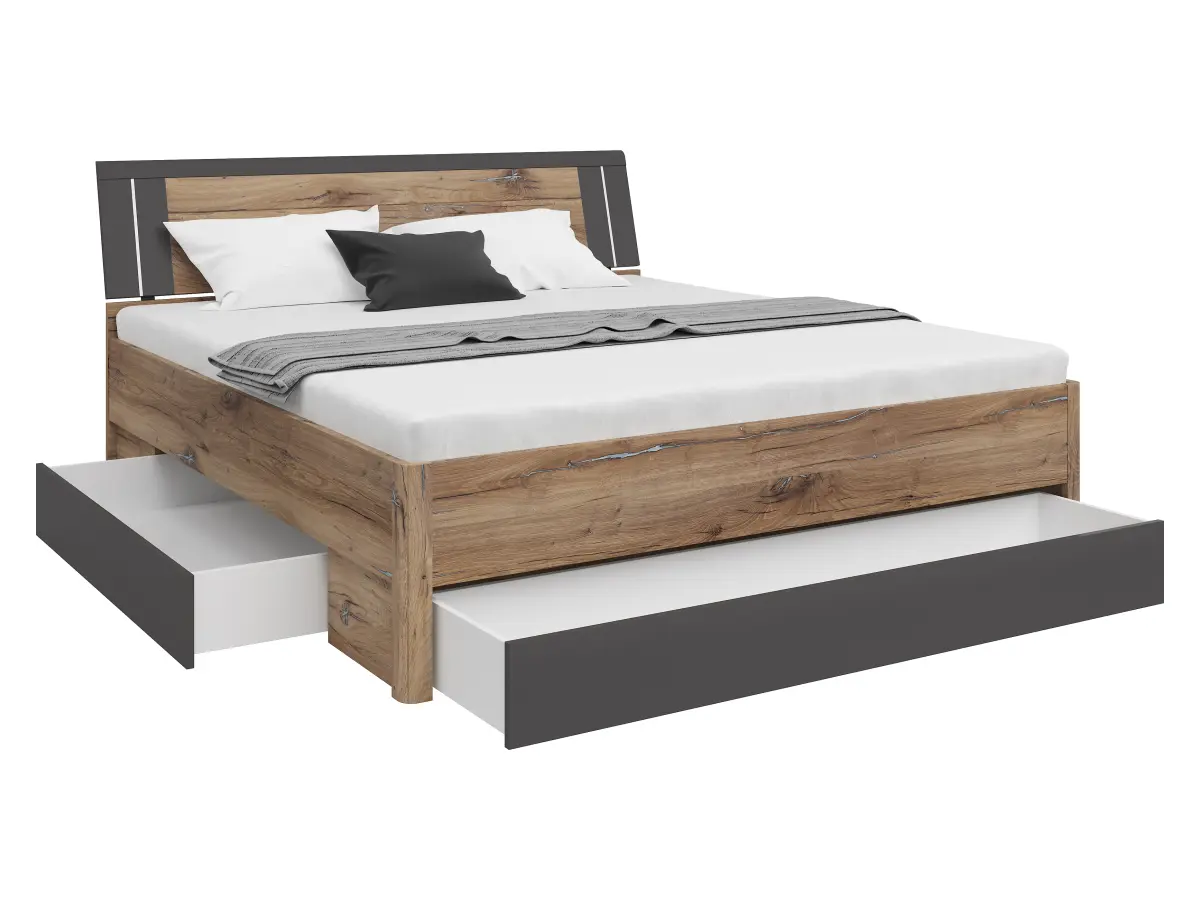 Ліжко Saturn 180x200 з 3 шухлядами дуб флагстафф темний/графіт